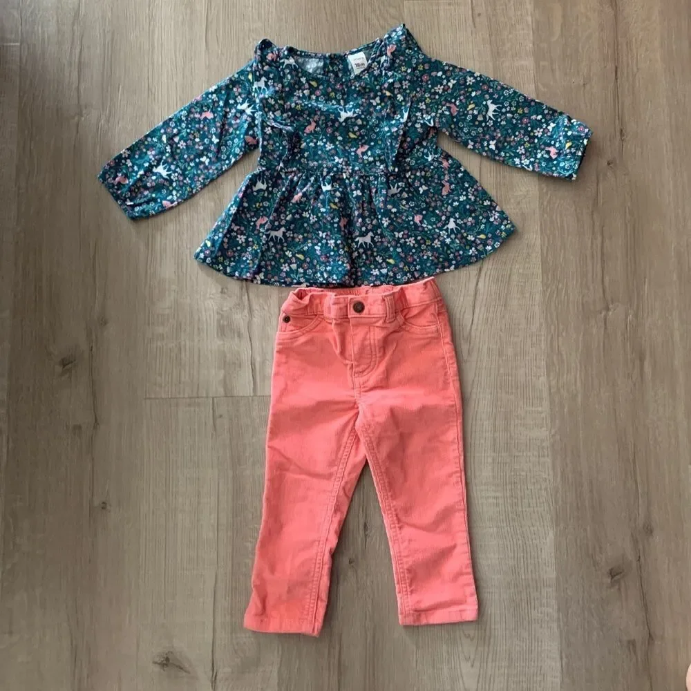 CARTER’s | Teal/Pink | FLORAL SHIRT & CORDUROY PANTS SET